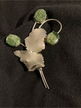 Sterling Silver Floral Leaf Brooch with Enamel Green Stone Accents